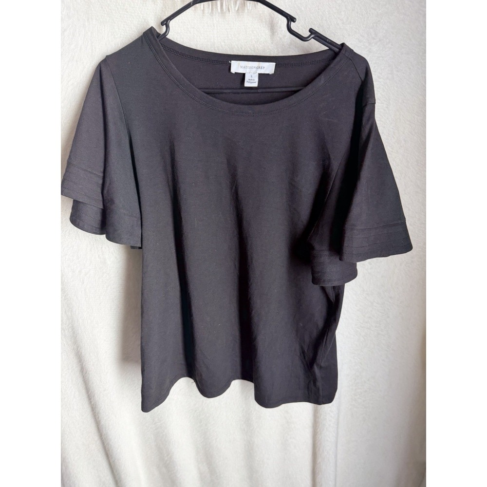 MadisonGrey T-Shirt Womens L Black Moto Pleated Sleeve‎ Crew Neck
